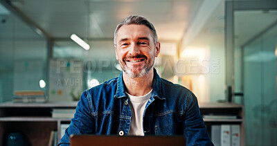 Buy stock photo Creative, portrait and man with laptop, office and employee with project, media and happy for story. Online, journalist and mature person with tech for article, confident or opportunity in newsroom