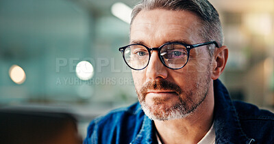 Buy stock photo Creative, online and man with laptop, office or employee with project, media and research for story. Newsroom, journalist and mature person with tech for article, bokeh or proofreading for magazine