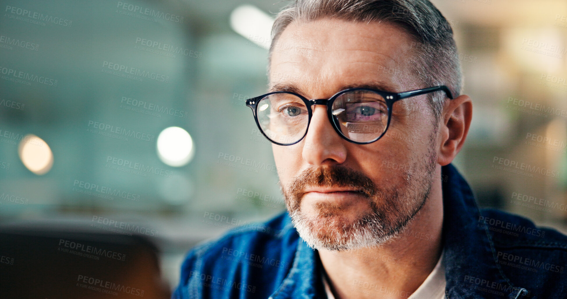 Buy stock photo Creative, online and man with laptop, office or employee with project, media and research for story. Newsroom, journalist and mature person with tech for article, bokeh or proofreading for magazine