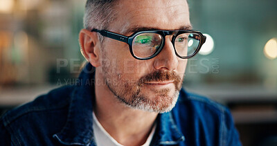 Buy stock photo Glasses, reading and businessman in office with research for creative project with email online. Technology, communication and mature male copywriter with article for publishing in workplace.
