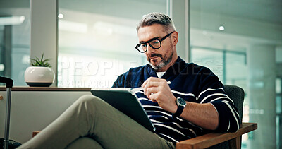 Buy stock photo Tablet, stylus and travel with man in airport lounge for booking information, boarding pass and research. Flight schedule, online reservation and relax with mature person in vip lobby for layover