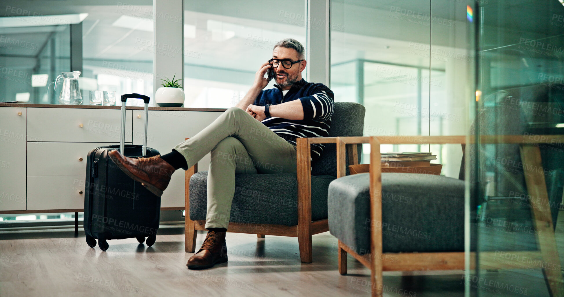 Buy stock photo Checking, time and man in airport, business travel and communication for flight delay or discussion. Talking, CEO and mature person with suitcase in lounge, late and schedule of international trip