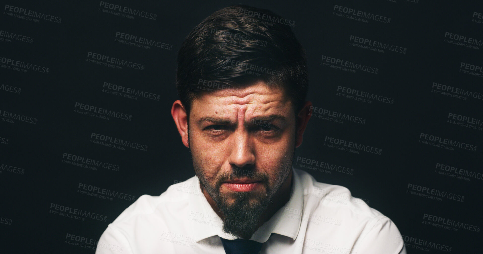 Buy stock photo Businessman, portrait and sad with stress in studio, financial crisis and space on black background. Person, depression and frustrated with mental health, anxiety or anger with bankruptcy in Portugal