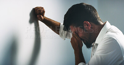 Buy stock photo Depression, stress and business man crying for fail, financial crisis or mistake by wall in office. Sad, anxiety and unhappy worker with investment loss, bankruptcy and challenge with unemployment