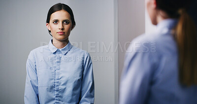 Buy stock photo Bipolar, woman and reflection of mirror with psychosis, dissociation crisis and identity confusion. Female person, anxiety and asylum patient with schizophrenia, mental illness and inner conflict