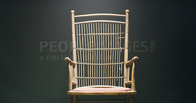 Buy stock photo Studio, empty chair and isolation for mental health asylum with mockup space on black background. Seat, vintage and wooden furniture for confinement on backdrop, psychology and antique with cushion