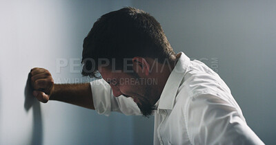 Buy stock photo Depression, stress and business man on wall for fail, financial crisis or mental health in office. Sad, anxiety and unhappy worker with investment loss, bankruptcy or unemployment challenge with debt