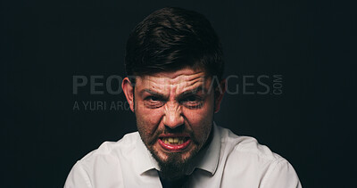 Buy stock photo Businessman, portrait and stress with depression in studio, financial crisis and space on black background. Person, sad and frustrated with mental health, anxiety or anger for bankruptcy in Spain