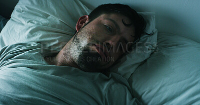 Buy stock photo Insomnia, mental health and man with depression in bed, anxiety and lonely in home. Thinking, grief and memory in bedroom with nostalgia, remember and regret in loss with broken heart in reflection.