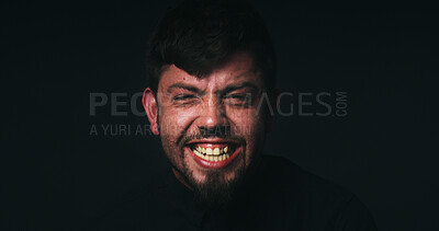 Buy stock photo Laughing, crisis and portrait of man in studio for psychology, crazy and schizophrenia symptoms. Stress, insane and mockup space with face of person with bipolar disorder on black background for joke
