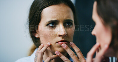 Buy stock photo Woman, mirror and face with reflection for bipolar, mental illness or schizophrenia in home. Female person, stress and insomnia with trauma, depression or anxiety for illusion, psychosis or disorder