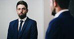 Business man, mirror and motivation for manifestation, self affirmation and ego boost in home. Serious person, reflection and growth mindset in home for morning routine, goals and prepare ambition