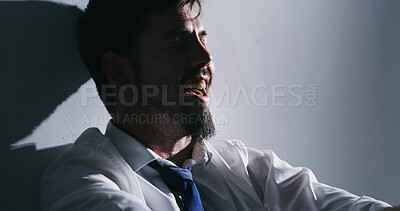 Buy stock photo Mental health, illness and man with bipolar, manic and symptoms for mood disorder, laugh or emotion. Psychology, patient and person with medical condition, delusions and reaction for hallucination