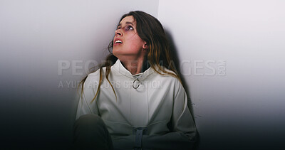 Buy stock photo Psychology, anxiety and woman with fear in asylum for schizophrenia, psychosis or mental health. Mockup space, patient and stress with straitjacket in psychiatric hospital for danger threat and mania