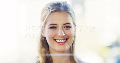 Buy stock photo Happy woman, portrait and teeth with dental hygiene in home for oral, gum or mouth care. Face, female person or smile with eyes, vision or sight for dentist, tooth health or wellness on mockup space