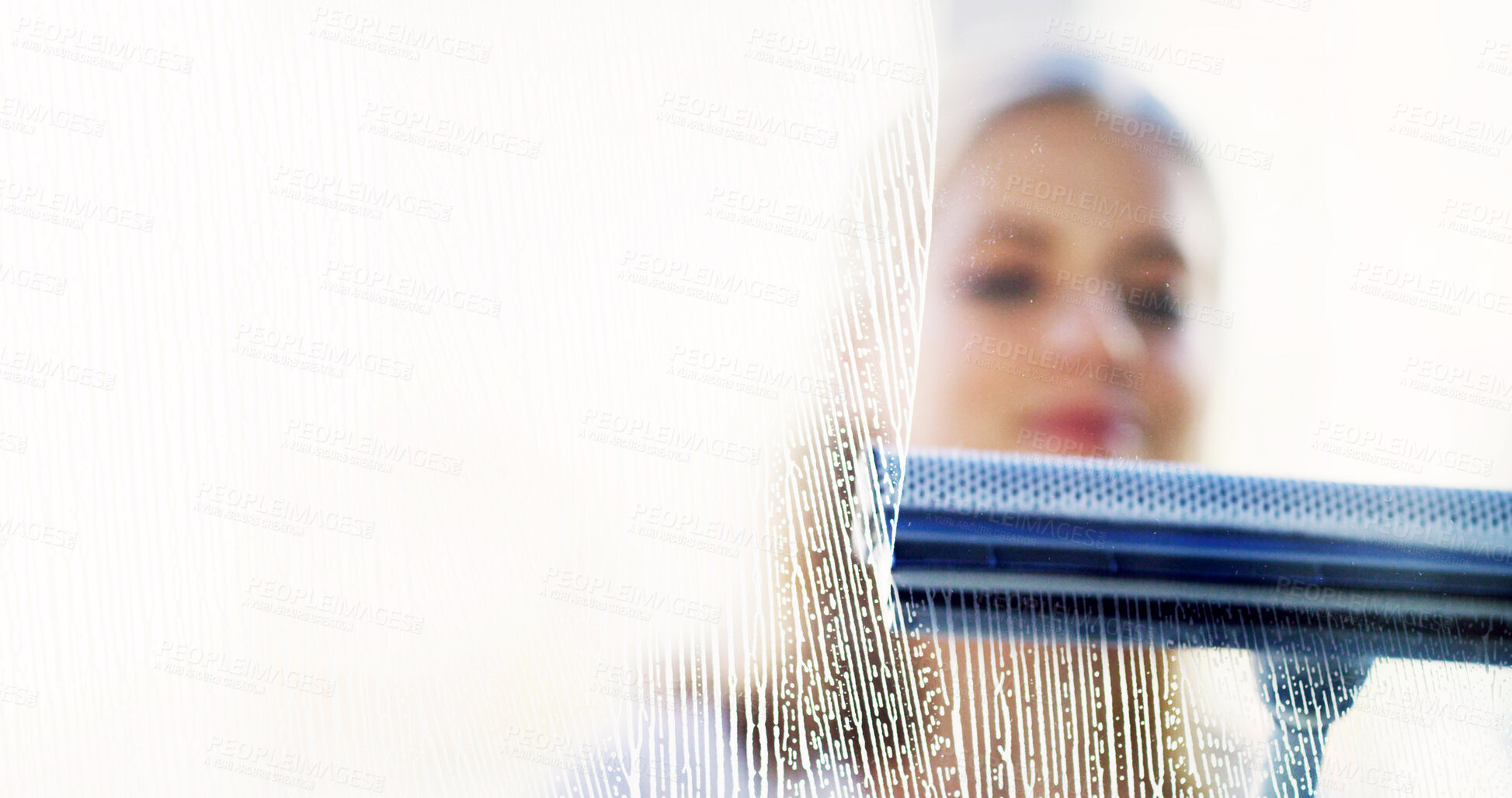 Buy stock photo Hygiene, woman and cleaning window with squeegee for chores, maintenance and housework. Glass, person and wipe with chemical soap for disinfection tools, sanitation foam and housekeeping with space