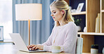 Laptop, typing and earphones with woman in home office for elearning, study and blog. Education, online class and college with female student for virtual, streaming and subscription and research