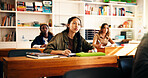 High school students, girl and listening in lesson for learning, academic advice and education. Teenager, group and attention with books in classroom for tutorial, concentration and test instructions