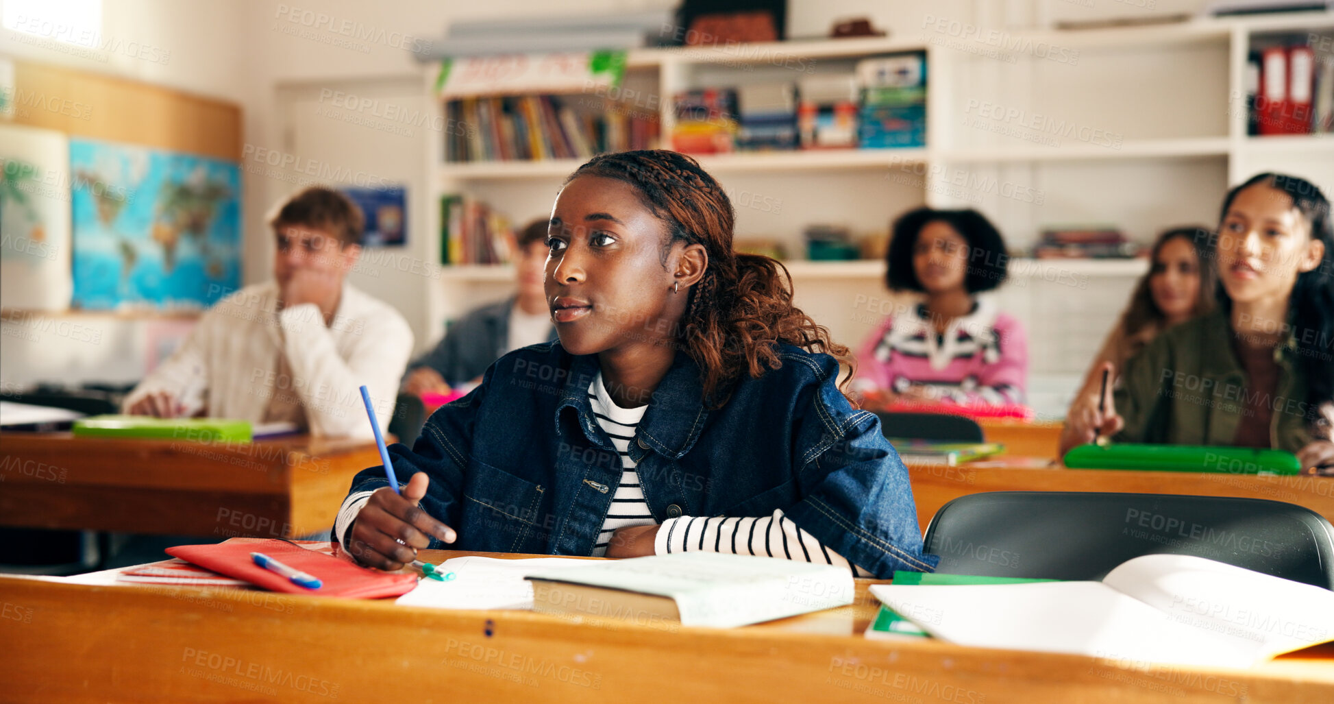 Buy stock photo Lesson, girl student and attention in classroom for learning, academic information and education. Teenager, people and listening with books at high school for development, writing notes and knowledge