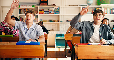 Buy stock photo Question, lesson and students in class at high school with learning, education or participation in classroom. Teens, group and people with hands up for knowledge, academic development and interaction
