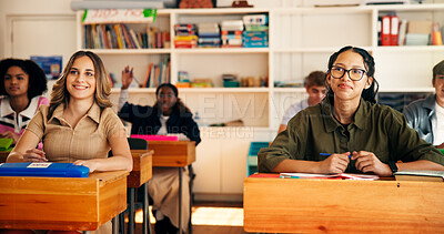 Buy stock photo Girls, teenager and attention in classroom for education, information and tips for assessment at high school. Pupil, group and smile for development, scholarship and learning with course at academy