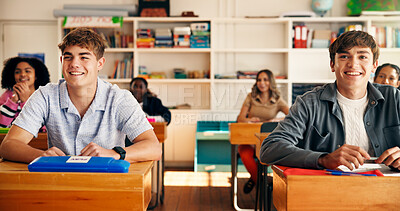 Buy stock photo Boy, teenager and attention in classroom for education, information and tips for assessment at high school. Pupil, group and smile for development, scholarship and learning with course at academy