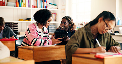 Buy stock photo Education, smile and girls in classroom, tablet and conversation with social media. Students, teenagers and friends with discussion, high school and learning with knowledge, tech and test results