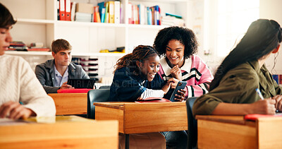 Buy stock photo High school, students and happy friends with mobile in classroom for exam results or online report. Teenager, phone and girls together for education, success and good news for scholarship application