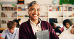 Students, teacher and woman with tablet, portrait and app for curriculum, smile and course schedule. Mature person, high school and tech with test results, confidence and report for attendance