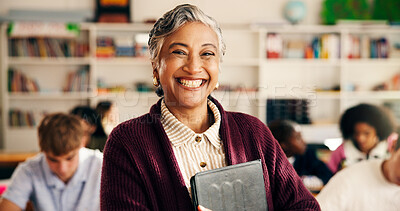 Buy stock photo Students, teacher and woman with tablet, portrait and app for curriculum, smile and pride. Mature person, high school and tech with confidence, about us and career ambition with happiness or educator