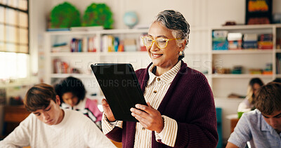 Buy stock photo Students, teacher and woman in classroom, tablet or digital app for curriculum, lesson and smile. Mature person, high school or educator with tech, results or report for attendance or course schedule
