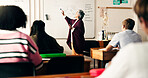 University, professor and students in class with learning for biology. College, teaching and people in classroom with books, communication and education in cell development for career development.