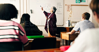 Buy stock photo University, professor and students in classroom with learning, bacteria and biology lesson for exam. College, teaching and people on campus with notebook, lecture and knowledge in tertiary education.