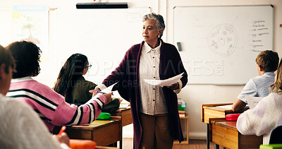 Buy stock photo Teacher, classroom and giving results for test with teen girl, pupil and paper for science assessment. Mature woman, children and documents for exam, quiz and learning for education at high school