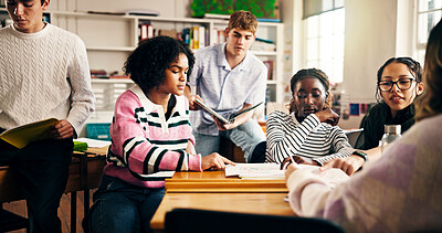 Buy stock photo Team, education and people in classroom for college admission, project and feedback. Teenagers, students and brainstorming with collaboration in high school for lesson or scholarship study group