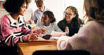 Buy stock photo Teenagers, collaboration and friends in classroom for college admission, project and feedback. Conversation, knowledge and people with education in high school for lesson or scholarship study group