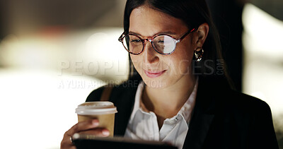 Buy stock photo Coffee, night and business woman in office with glasses for working late, online proposal and project. Professional, corporate and person on tech in dark for reading report, website and research 
