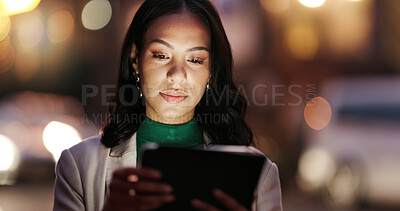 Buy stock photo Tablet, research and businesswoman in city at night for legal update, email or communication online. Bokeh, digital technology and female corporate lawyer with contact on app for career in town.