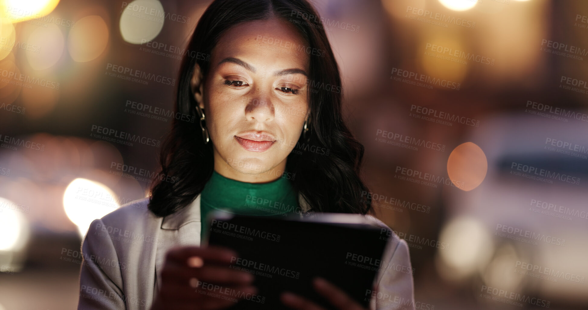 Buy stock photo Tablet, research and businesswoman in city at night for legal update, email or communication online. Bokeh, digital technology and female corporate lawyer with contact on app for career in town.