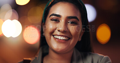Buy stock photo Night, portrait and smile with business woman at work for career development or job opportunity. Bokeh, face and late with happy person outdoor for commute or travel from location as employee