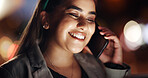 Happy woman, night or conversation with phone call in city for friendly chat, network or connection. Female person, bokeh and communication with smile on mobile smartphone for late evening discussion