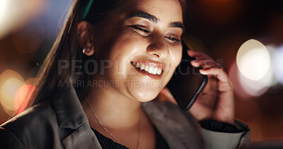 Buy stock photo Happy woman, night or conversation with phone call in city for friendly chat, network or connection. Female person, bokeh and communication with smile on mobile smartphone for late evening discussion