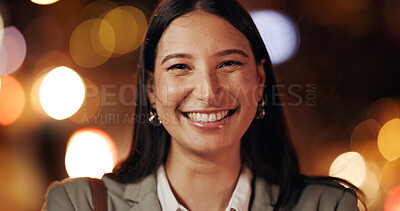 Buy stock photo Portrait, corporate and woman in city at night for travel, about us and bokeh with career pride. Female person, smile and positive attitude for commute trip, urban consultant and employee opportunity