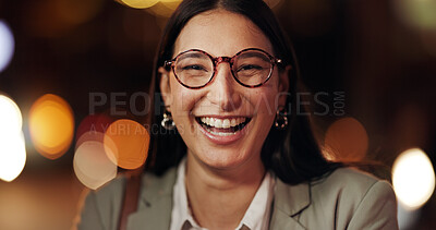 Buy stock photo Portrait, business and woman in city at night for travel, about us and bokeh with career pride. Female person, laugh and glasses with positive attitude for commute, urban consultant and opportunity