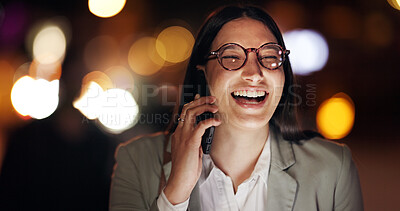 Buy stock photo Business woman, laugh and phone call in city at night, gossip and listen to funny story in street. Person, happy and smartphone for chat with contact, joke and memory with discussion in Colombia