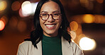 Portrait, business and woman in town at night for travel, about us and bokeh of career pride. Female person, happiness and glasses with blurred background for commute, consultant and city opportunity