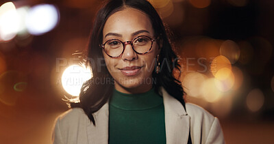 Buy stock photo Woman, smile and portrait in city at night with bokeh, pride and confidence for media career. Person, journalist or reporter on business trip, commute and happy outdoor in urban town in Venezuela