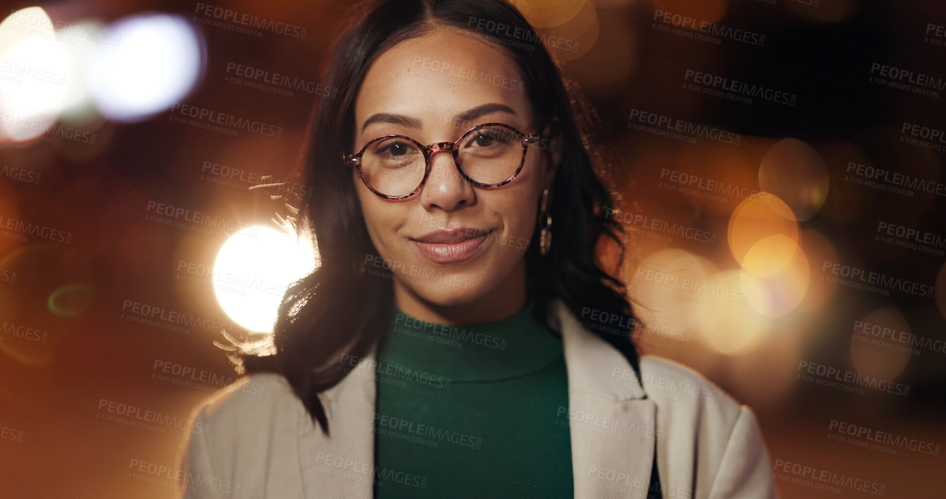 Buy stock photo Woman, smile and portrait in city at night with bokeh, pride and confidence for media career. Person, journalist or reporter on business trip, commute and happy outdoor in urban town in Venezuela