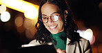 Tablet, search and night with business woman in city for stock market research, planning and broker report. Account manager, overtime and bokeh with person outdoor for portfolio review and reading