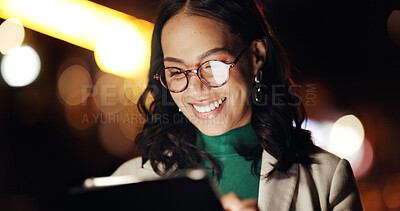 Buy stock photo Tablet, search and night with business woman in city for stock market research, planning and broker report. Account manager, overtime and bokeh with person outdoor for portfolio review and reading